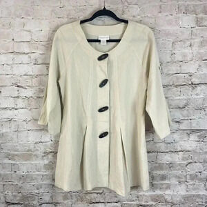 Soft Surroundings S Tan Beige 3/4 Sleeve Button Front Tunic Blouse Rayon Nylon